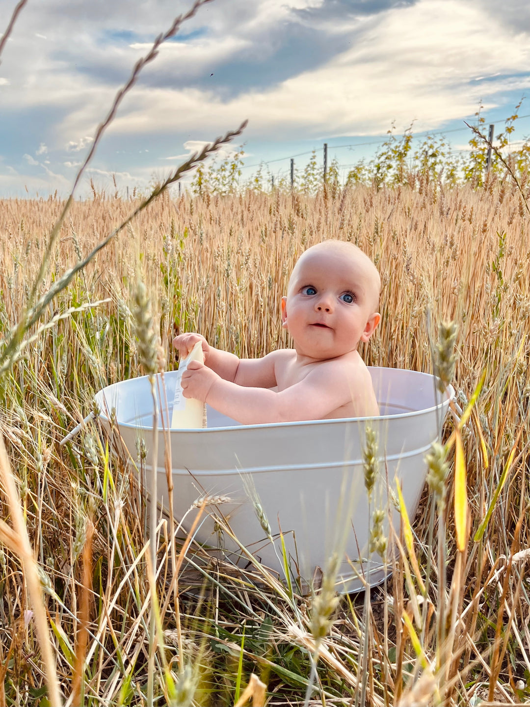 SkinFoodME A baby sits in a white tub in a wheat field